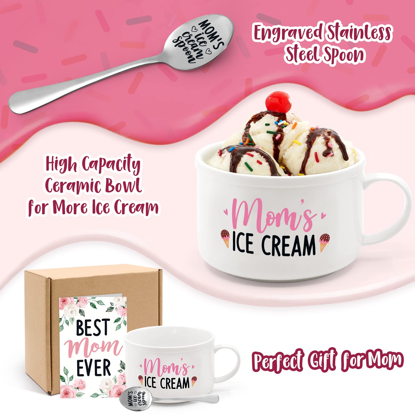 Nefelibata Mom's Ice Cream Bowl and Spoon Set with Best Mom Ever Greeting Card Mother's day Birthday Retirement Engraved Gift Box Basket for Her Mommy's Present from Daughter Son Set of 3