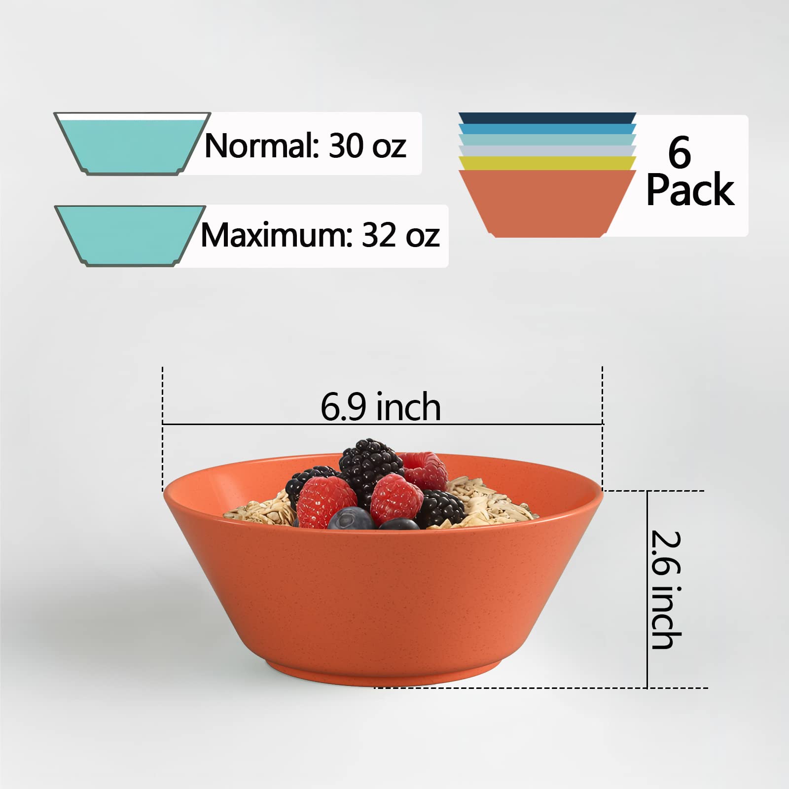 Unbreakable Large Cereal Bowls Set of 6, 32 Ounce BPA-Free Microwave and Dishwasher Safe Salad Bowls, Stackable Color Kitchen Bowls for Serving, Soup, Oatmeal, Pasta, Noodles - 6 Colors