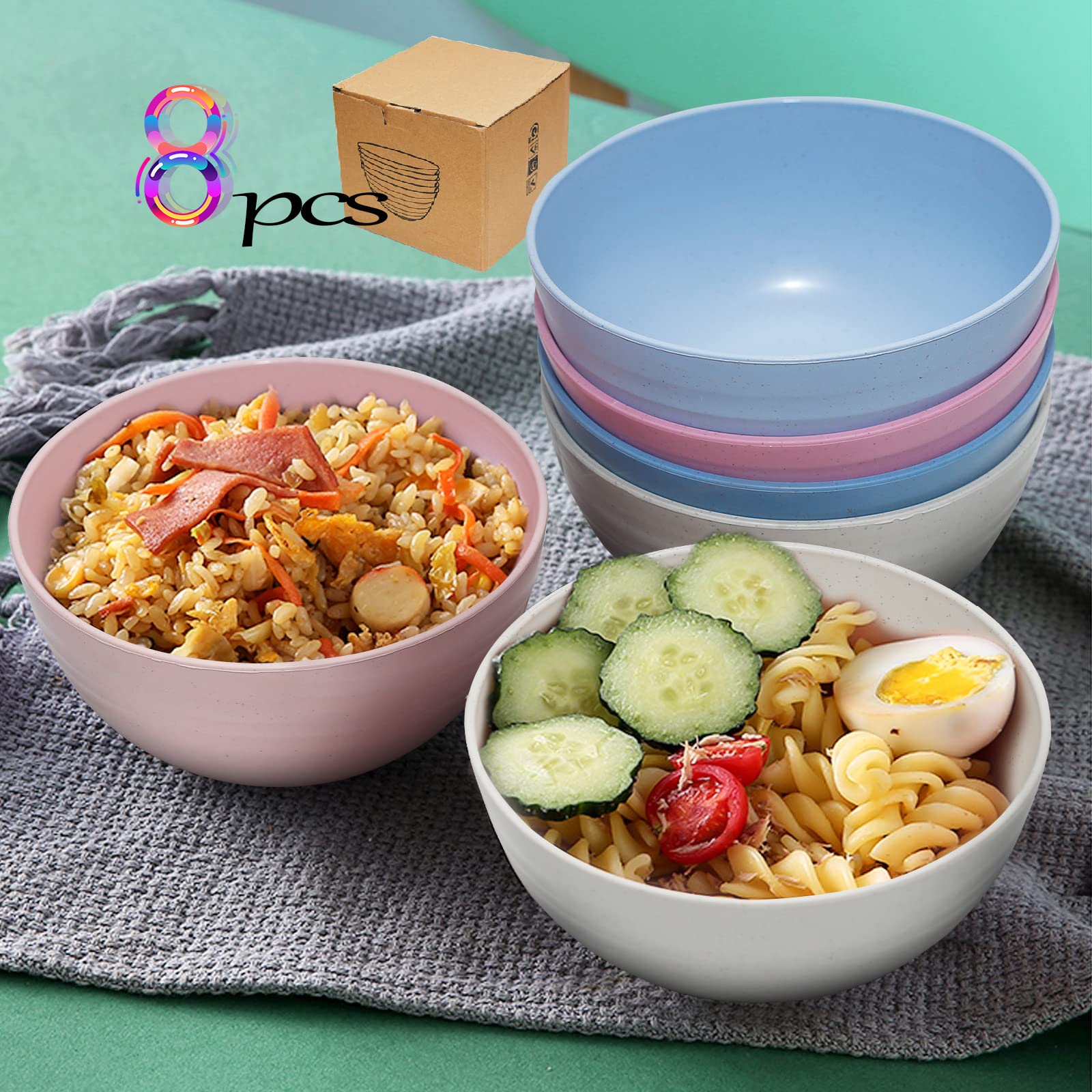 DAPIPIK 8 PACK Unbreakable Cereal Bowls,24 OZ Eco-Friendly Wheat Straw Bowls,Dishwasher & Microwave Safe .Durable, suitable for Noodles, Soups, Desserts, Salads,Rice
