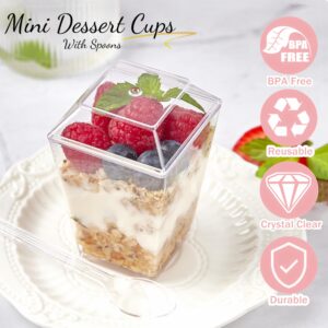 TOFLEN 50 Pack 5 oz Dessert Cups with Lids and Spoons, Mini Clear Square Plastic Dessert Cake Shooter Cups for Party, Yogurt Parfait, Appetizers, Fruits and Puddings