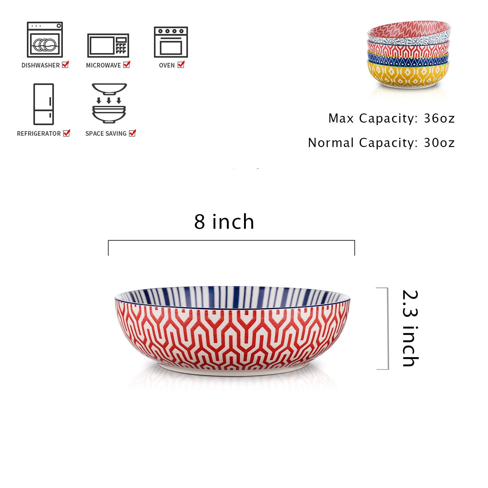 Selamica Ceramic 30 Ounce Large Pasta Bowls 8 inch Serving Bowls Wide and Shallow Microwave Dishwasher Safe Bowls Set of 4, Assorted Corlors