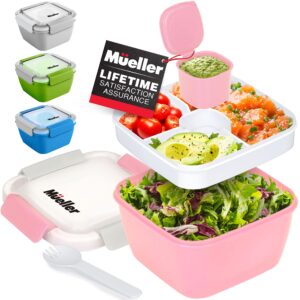 mueller salad lunch container to go, large 51-oz salad bowl, 3 part divided tray, with dressing container and reusable spork smart locking leakproof salad holder, (pink)