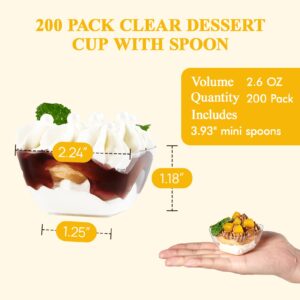 JOLLY CHEF 200 Pack 2.6 oz Mini Dessert Cups with Spoons, Clear Plastic Pudding Appetizer Cups for Party - Small Reusable Serving Bowl Ideal for Christmas Halloween Wedding