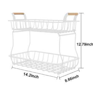 2 Tier Fruit Storage Basket Countertop for Kitchen, Bread Vegetable Farmhouse Fruit Basket Bowl Stand Detachable Metal Wire Basket with Wooden Handle for Kitchen, Reception, Dining Table（White）