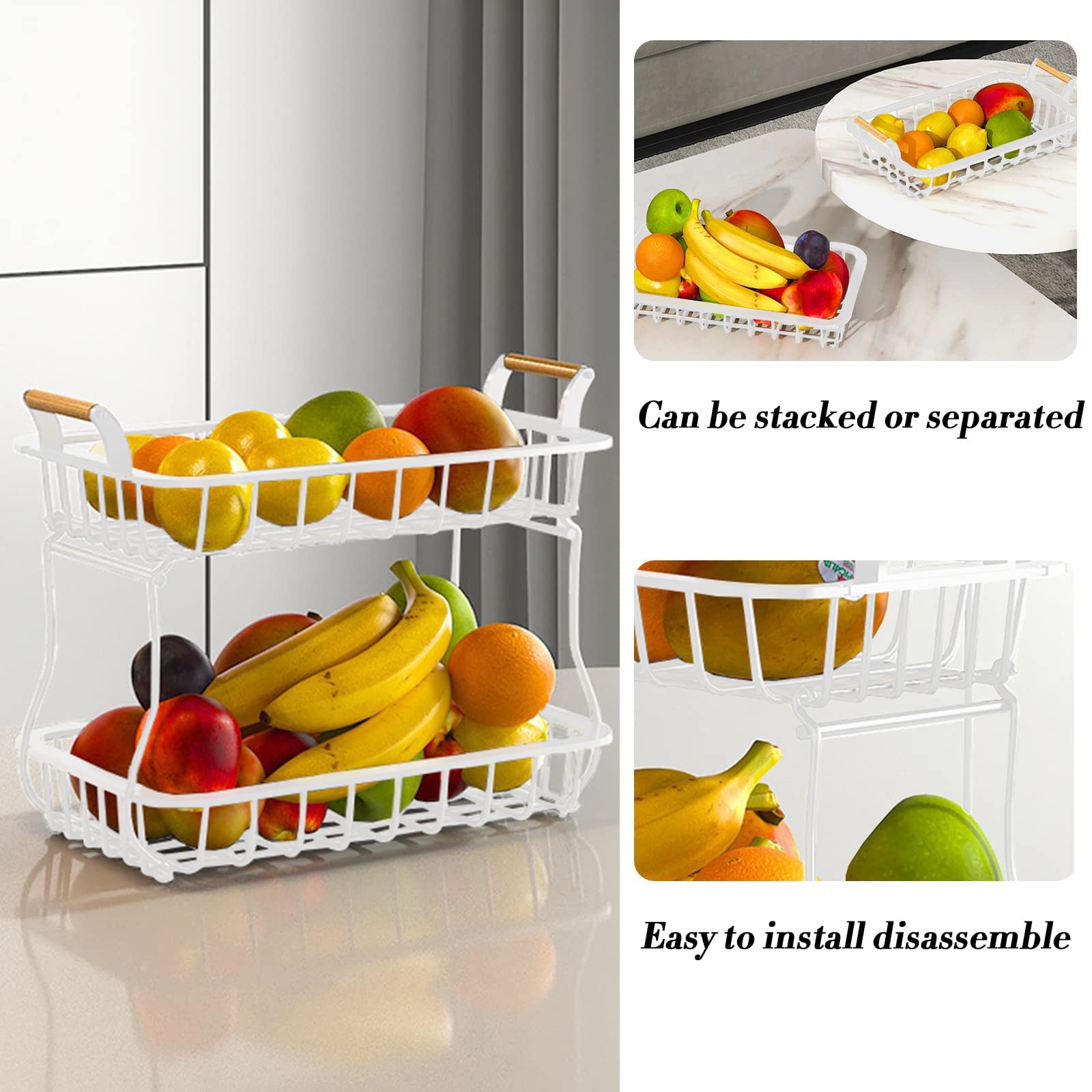 2 Tier Fruit Storage Basket Countertop for Kitchen, Bread Vegetable Farmhouse Fruit Basket Bowl Stand Detachable Metal Wire Basket with Wooden Handle for Kitchen, Reception, Dining Table（White）