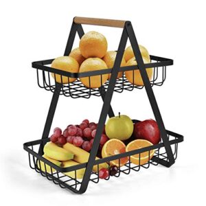 deflectair 2-tier countertop fruit basket fruit bowl bread basket vegetable holder for kitchen storage, black