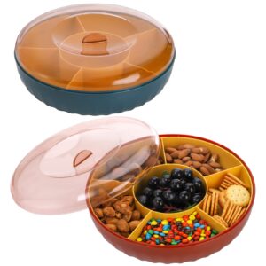 soujoy 2 pack divided serving tray with lid, 6 compartment veggie tray, 10'' round reusable snack containers, party platter for candy, appetizer, snack, fruit, nuts, veggie, parties