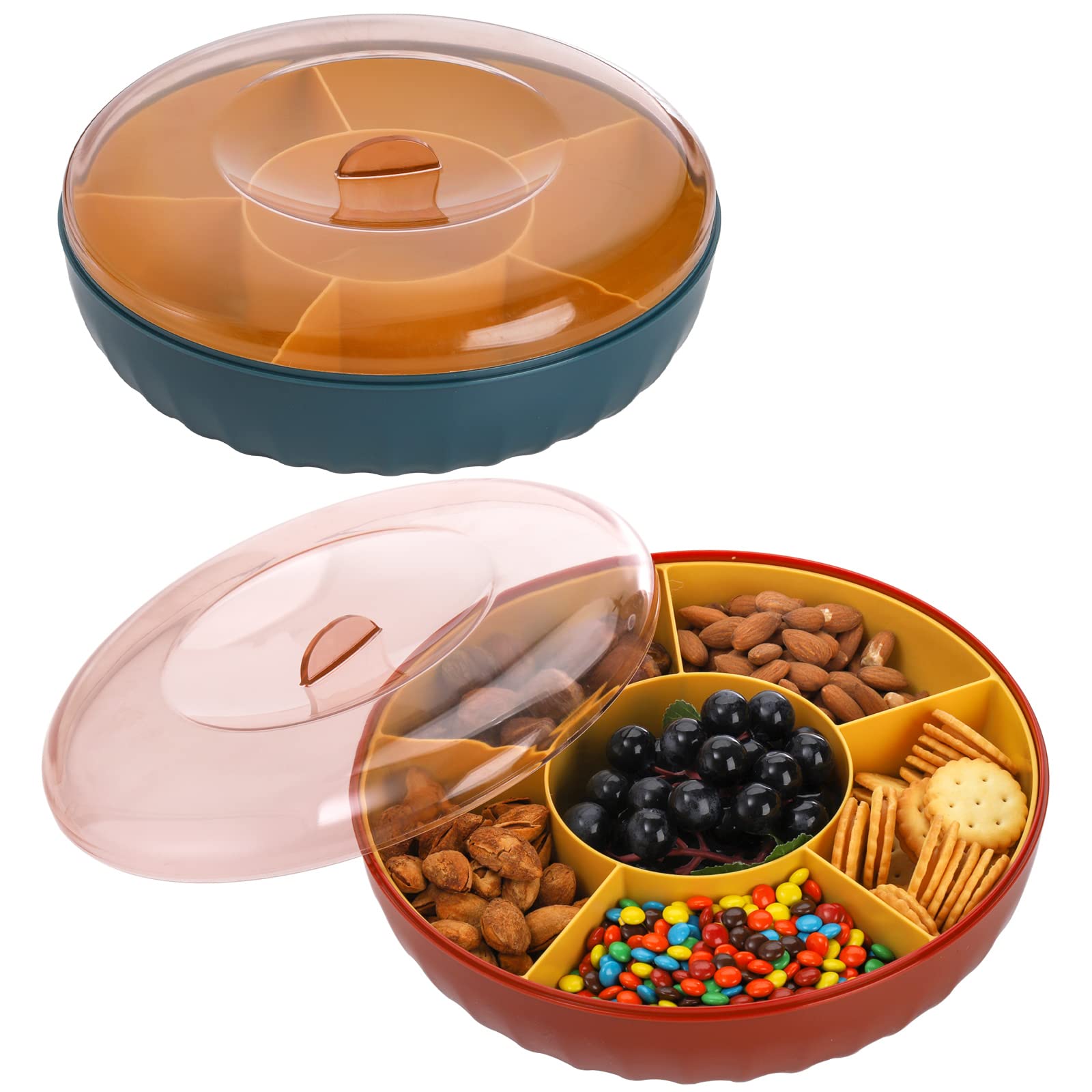 SOUJOY 2 Pack Divided Serving Tray with Lid, 6 Compartment Veggie Tray, 10'' Round Reusable Snack Containers, Party Platter for Candy, Appetizer, Snack, Fruit, Nuts, Veggie, Parties