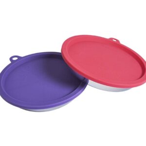 Messy Cats 4pc Set with Two Stainless Saucer Shaped Bowls and Two Silicone Lids, 1.75 Cups Per Bowl, Watermelon and Purple Lids