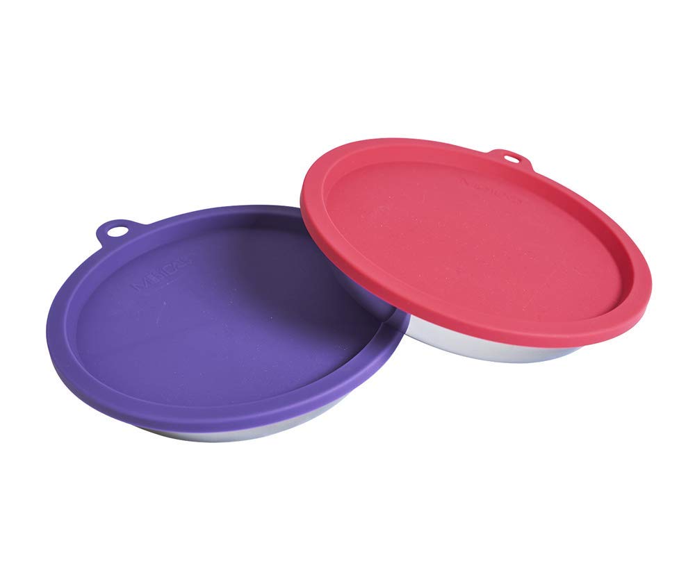 Messy Cats 4pc Set with Two Stainless Saucer Shaped Bowls and Two Silicone Lids, 1.75 Cups Per Bowl, Watermelon and Purple Lids