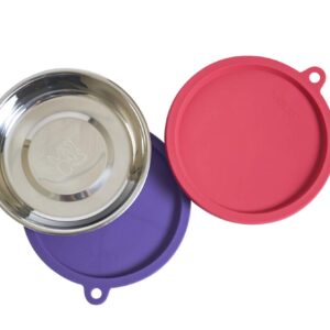 Messy Cats 4pc Set with Two Stainless Saucer Shaped Bowls and Two Silicone Lids, 1.75 Cups Per Bowl, Watermelon and Purple Lids