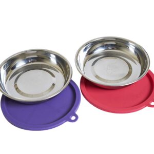 Messy Cats 4pc Set with Two Stainless Saucer Shaped Bowls and Two Silicone Lids, 1.75 Cups Per Bowl, Watermelon and Purple Lids