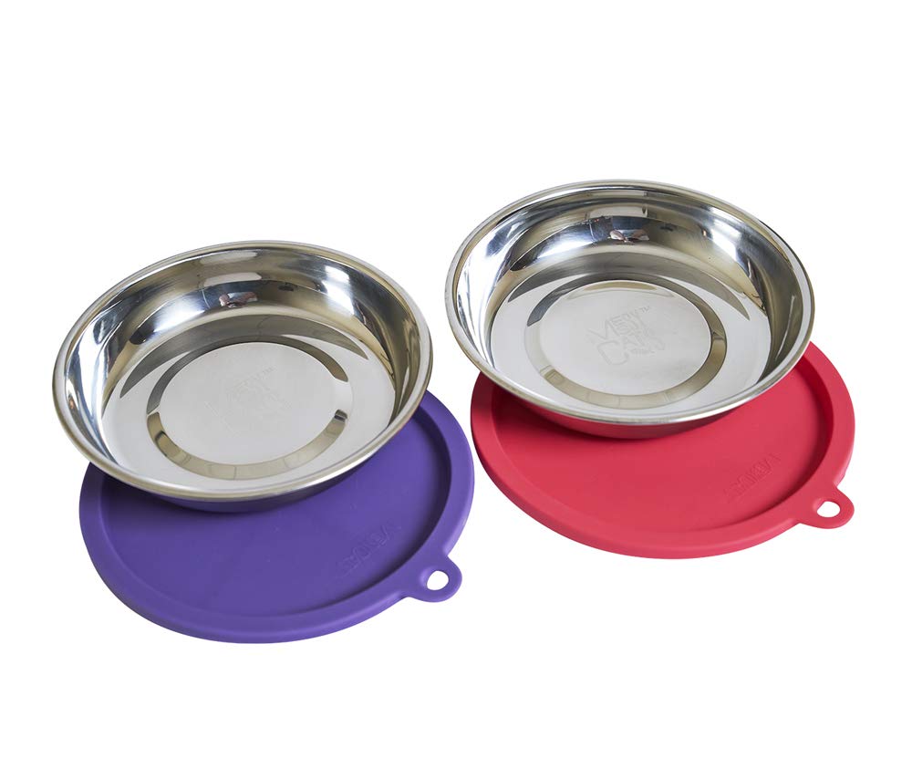 Messy Cats 4pc Set with Two Stainless Saucer Shaped Bowls and Two Silicone Lids, 1.75 Cups Per Bowl, Watermelon and Purple Lids