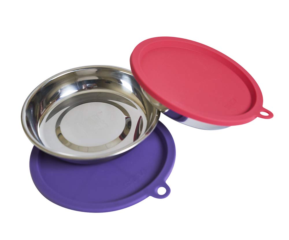 Messy Cats 4pc Set with Two Stainless Saucer Shaped Bowls and Two Silicone Lids, 1.75 Cups Per Bowl, Watermelon and Purple Lids