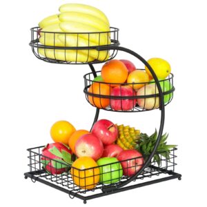 tiaoheka 3 tier fruit basket for kitchen, metal wire fruit bowl for kitchen counter, detachable fruit vegetables storage basket holder stand for countertop dining table(round and square, black)