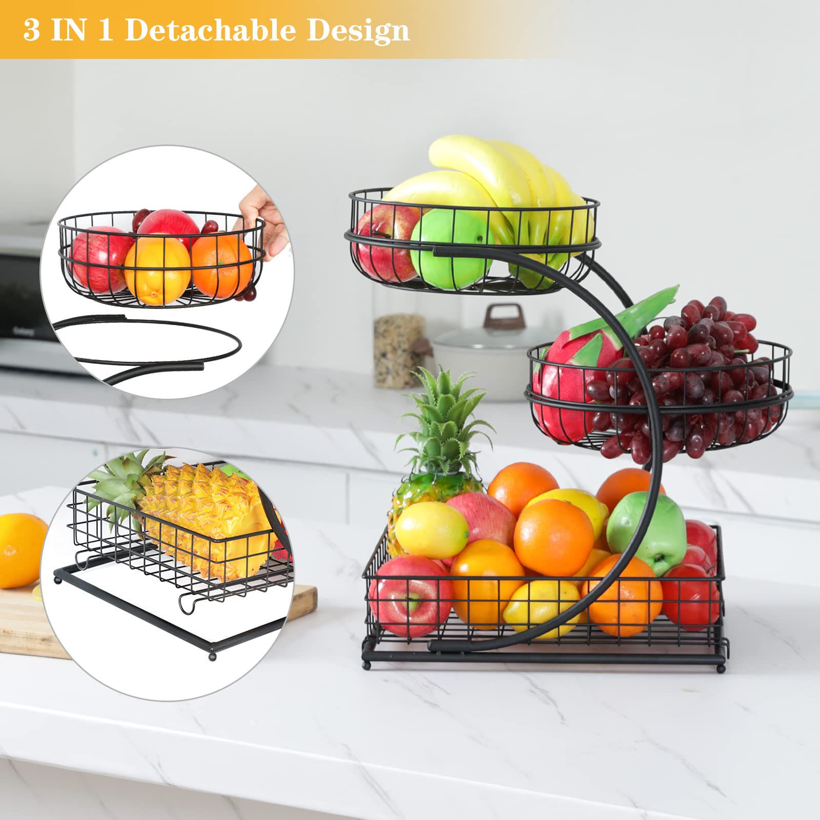 Tiaoheka 3 Tier Fruit Basket for Kitchen, Metal Wire Fruit Bowl for Kitchen Counter, Detachable Fruit Vegetables Storage Basket Holder Stand for Countertop Dining Table(Round and Square, Black)