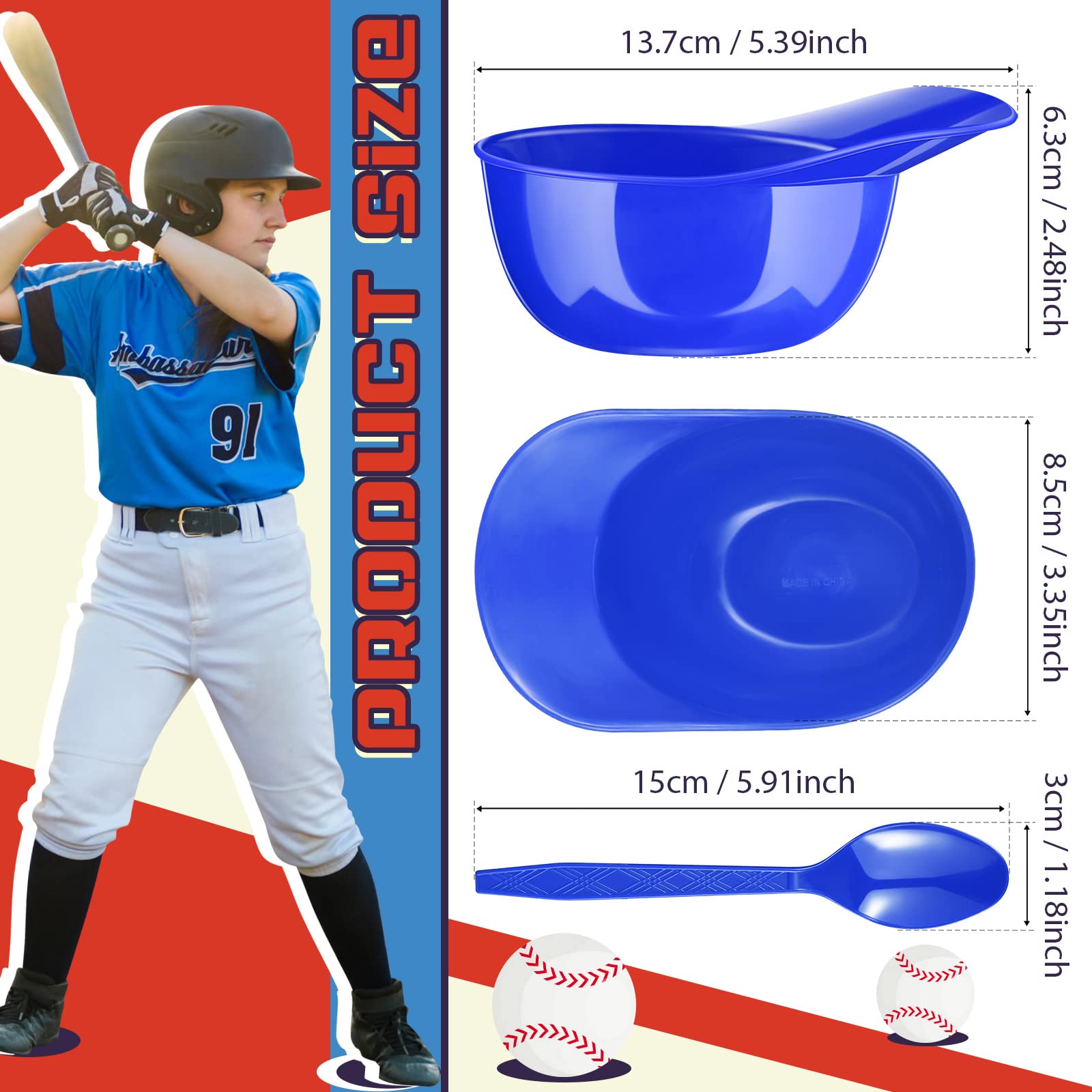 Baseball Helmet Ice Cream Snack Bowl and Disposable Taster Spoons Set Mini Baseball Party Favors Small Dessert Ice Cream Bowls Serving Candy Sundae Cups for Ice Cream Sundae Party Supplies(50 Set)