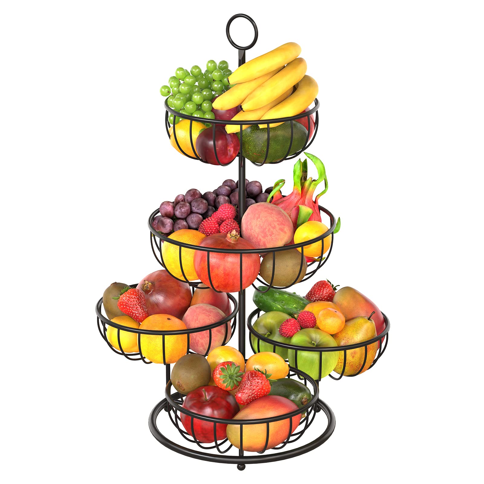 PouHenier.jh 5 Tier Fruit Basket Bowl for Kitchen Counter, Large Capacity Metal Wire Countertop Vegetables Storage Rack, Detachable Produce Stand Holder Organizer for Bread Snack (Black)