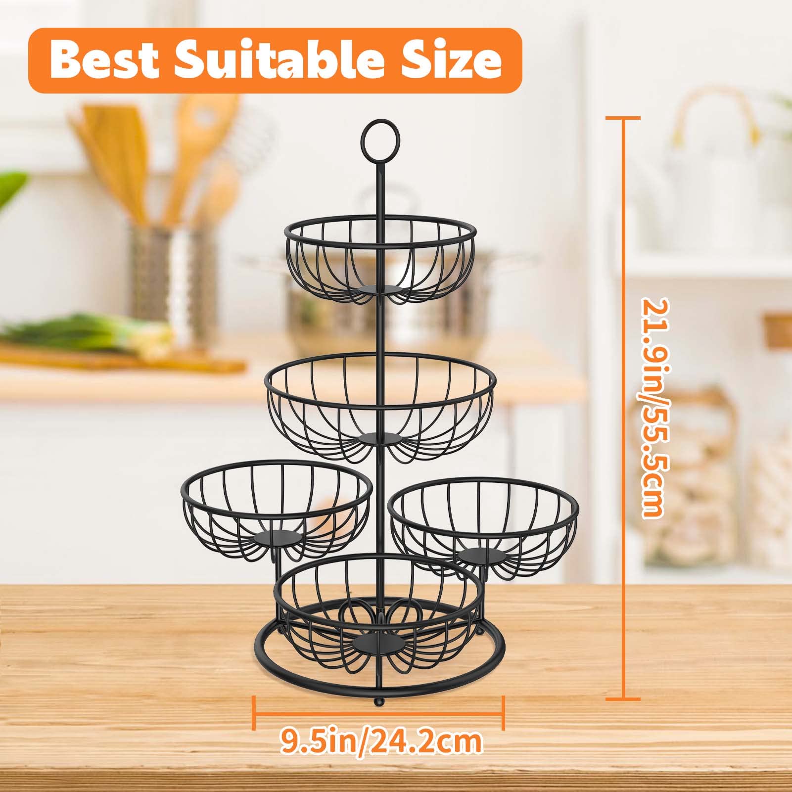 PouHenier.jh 5 Tier Fruit Basket Bowl for Kitchen Counter, Large Capacity Metal Wire Countertop Vegetables Storage Rack, Detachable Produce Stand Holder Organizer for Bread Snack (Black)