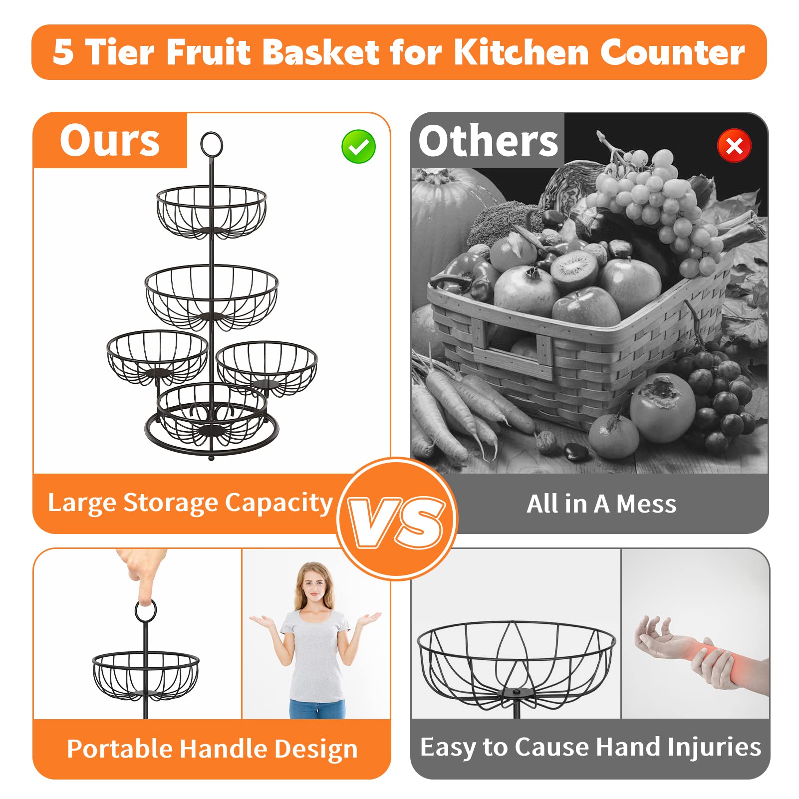 PouHenier.jh 5 Tier Fruit Basket Bowl for Kitchen Counter, Large Capacity Metal Wire Countertop Vegetables Storage Rack, Detachable Produce Stand Holder Organizer for Bread Snack (Black)