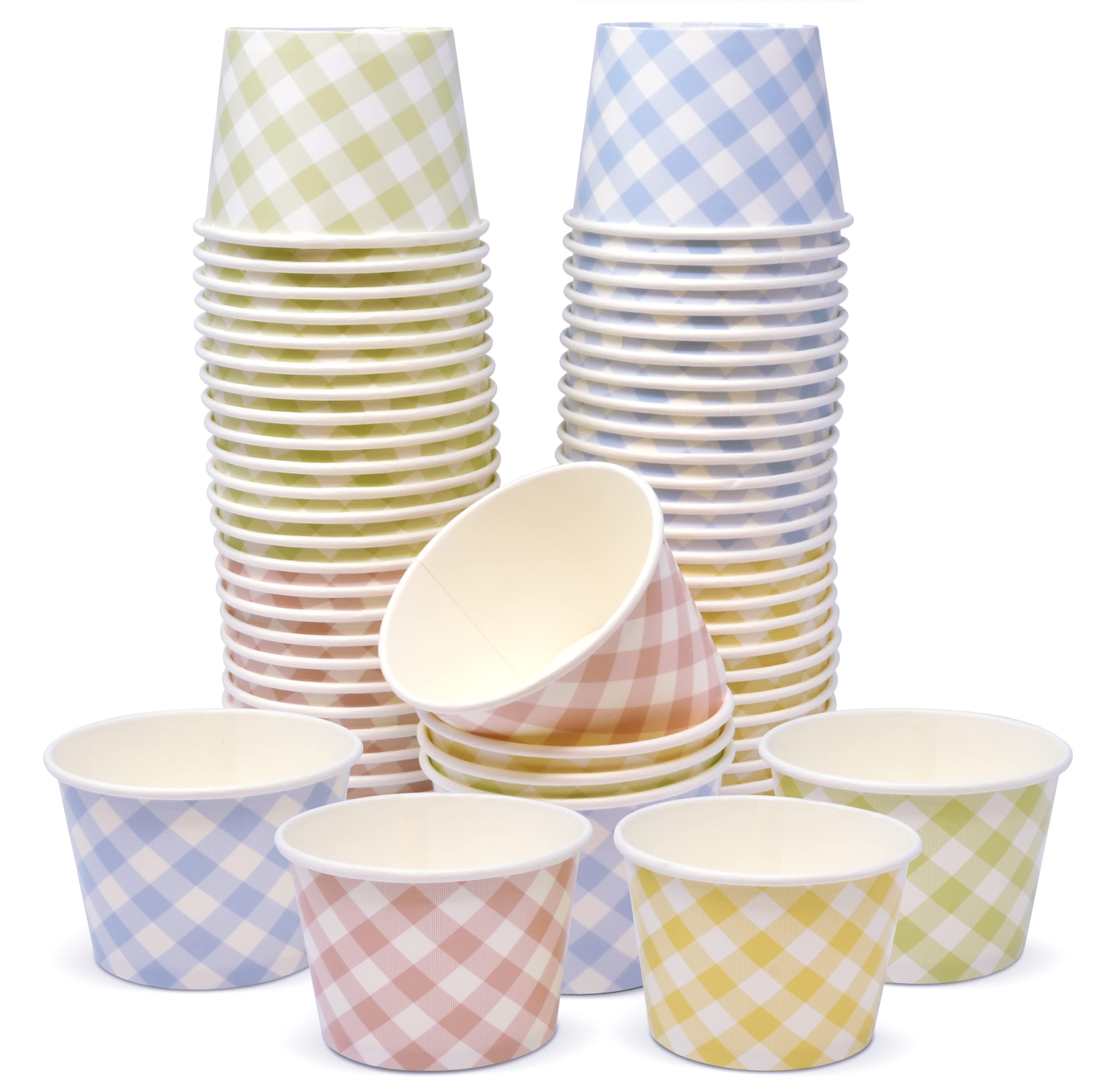 60 Count Pastel Gingham Ice Cream Treat Snack Cups 10 Oz. Disposable Paper Cup Dessert Ices Bowl Pink Blue Yellow Green Checkered Plaid For Frozen Treats Cupcake BBQ Picnic Party Favor Supplies