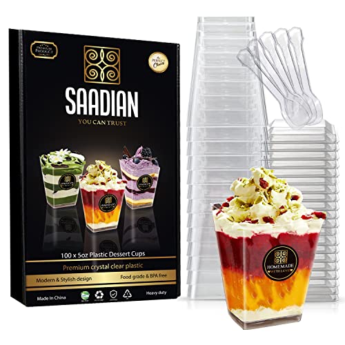 SAADIAN 100 Pack 5 oz Dessert Cups with Lids, Mini Dessert Cups with Spoons, Parfait Cups with Lids, Clear Plastic Desert Cups, Ice Cream Containers, Appetizer Cups for Parties, Events, and Picnics