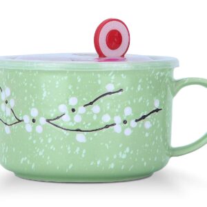 VanEnjoy 30oz Ceramic Bowl with Lid & Handle,Cherry Blossoms Among Snow Flake Pattern,Microwave for Instant Noodle Sara, Cereal Bowl