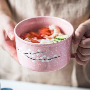 VanEnjoy 30oz Ceramic Bowl with Lid & Handle,Cherry Blossoms Among Snow Flake Pattern,Microwave for Instant Noodle Sara, Cereal Bowl