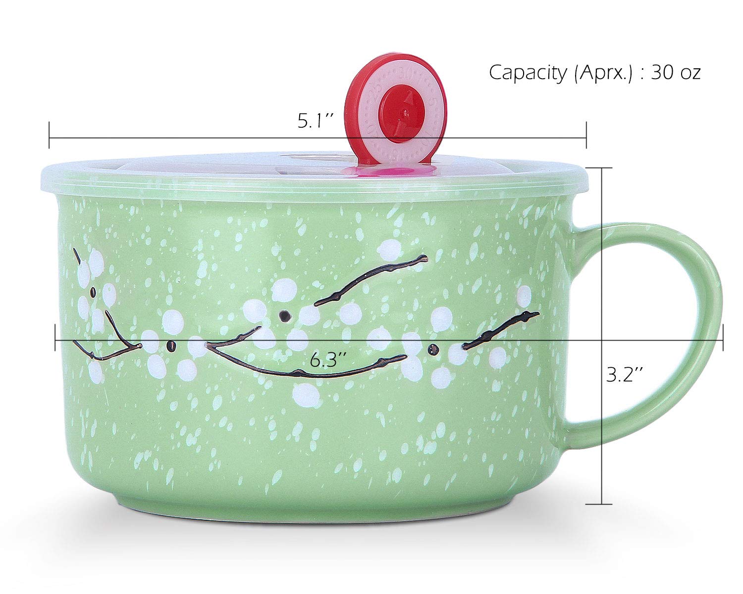 VanEnjoy 30oz Ceramic Bowl with Lid & Handle,Cherry Blossoms Among Snow Flake Pattern,Microwave for Instant Noodle Sara, Cereal Bowl