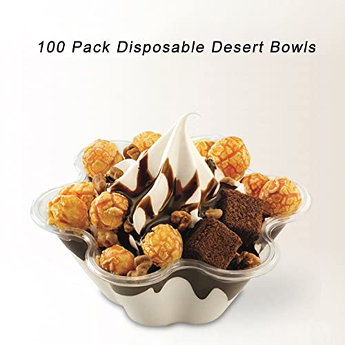 SOUJOY 100 Pack Ice Cream Cup, 8.5Oz Clear Flower Shape Appetizer Bowl, Disposable Plastic Dessert Serving Bowl for Sundae, Chocolate, Appetizers