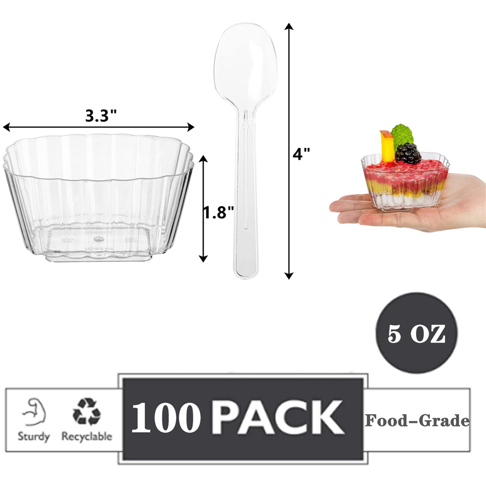 DEAYOU 100 Pack 5 Oz Dessert Cups with Spoons, Small Plastic Mousse Cup Dessert Shooters, Clear Disposable Parfait Appetizer Cup, Mini Reusable Trifle Tumbler Cup for Souffle, Pudding, Party
