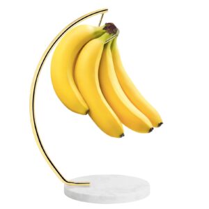 livabber banana holder with marble base, metal banana hanger modern tree stand with hook, durable banana keeper fresh fruit storage organizer freestanding for kitchen countertop (gold, single hook)