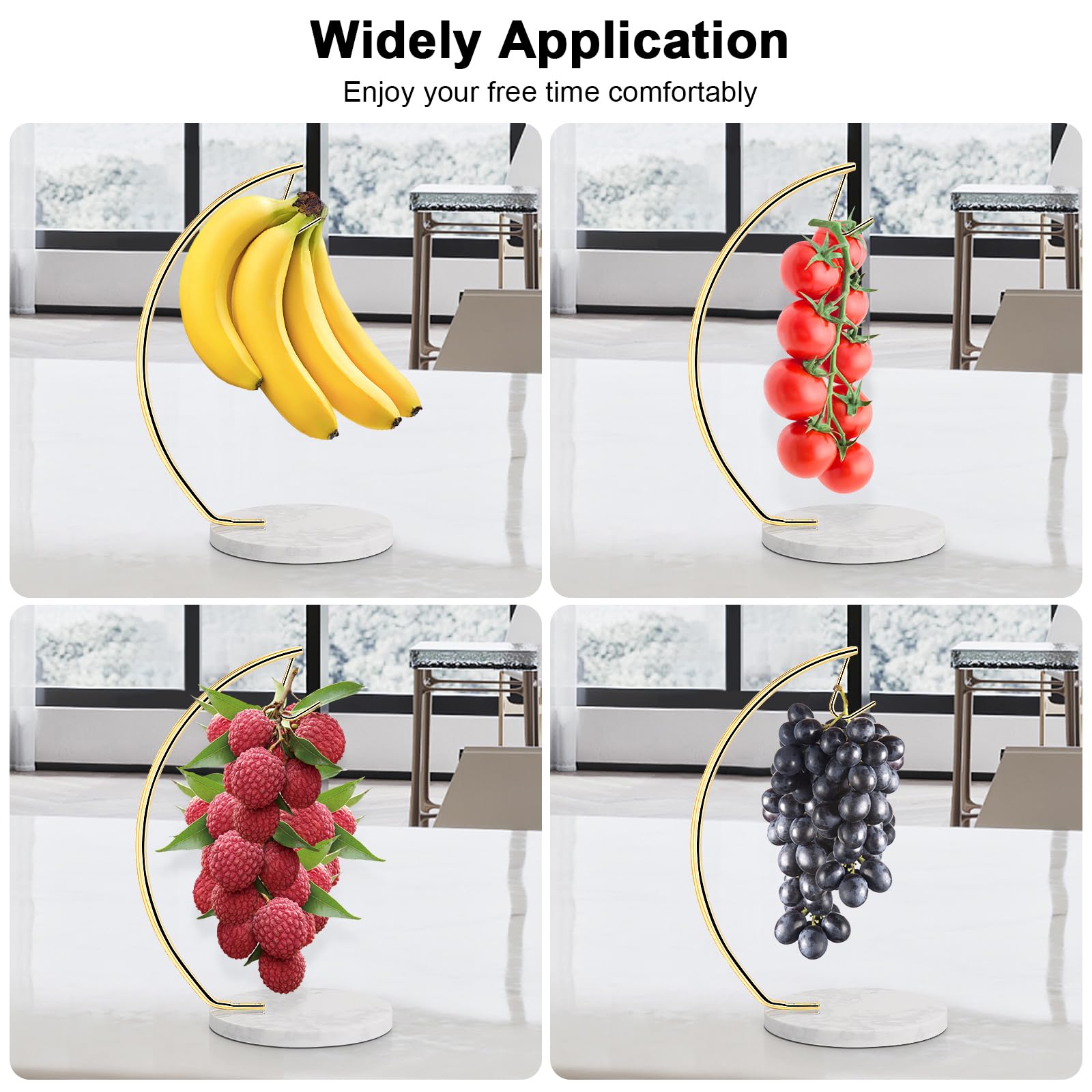 Livabber Banana Holder with Marble Base, Metal Banana Hanger Modern Tree Stand with Hook, Durable Banana Keeper Fresh Fruit Storage Organizer Freestanding for Kitchen Countertop (Gold, Single Hook)