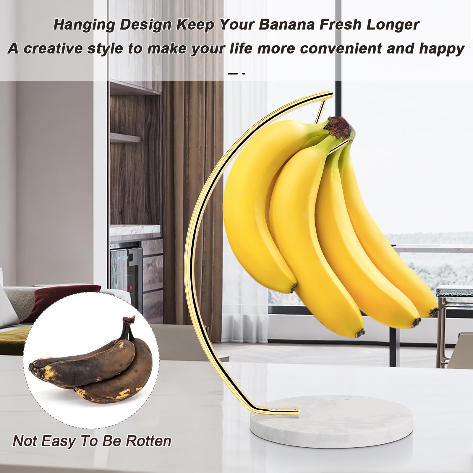 Livabber Banana Holder with Marble Base, Metal Banana Hanger Modern Tree Stand with Hook, Durable Banana Keeper Fresh Fruit Storage Organizer Freestanding for Kitchen Countertop (Gold, Single Hook)