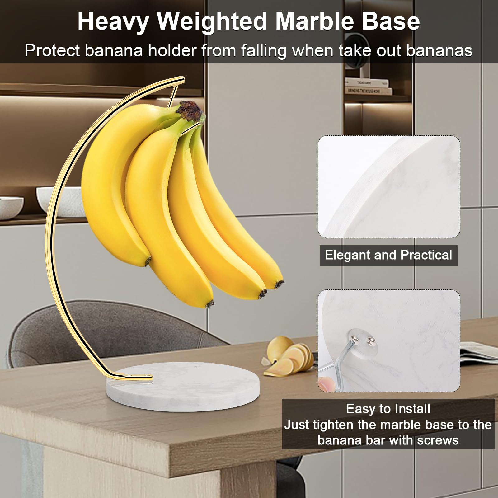 Livabber Banana Holder with Marble Base, Metal Banana Hanger Modern Tree Stand with Hook, Durable Banana Keeper Fresh Fruit Storage Organizer Freestanding for Kitchen Countertop (Gold, Single Hook)