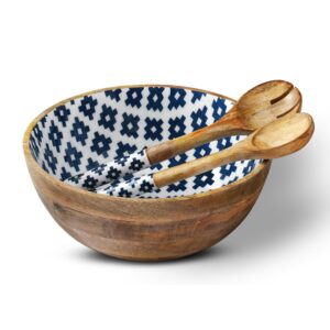 folkulture salad bowl or wooden bowls with serving tongs, large for fruits, cereal or pasta, large mixing bowl set, 12" diameter x 5" height, mango wood, blue