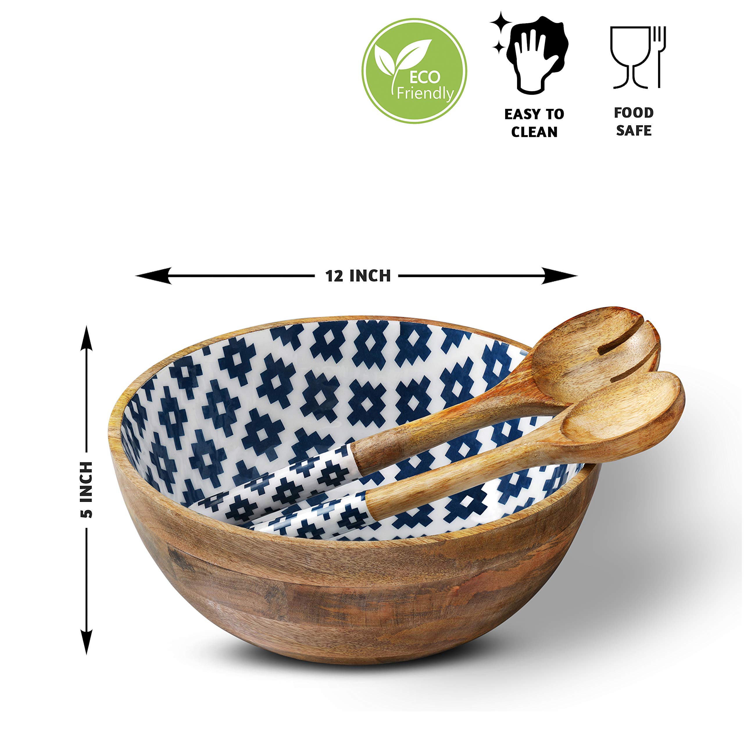 Folkulture Salad Bowl or Wooden Bowls with Serving Tongs, Large for Fruits, Cereal or Pasta, Large Mixing Bowl Set, 12" Diameter x 5" Height, Mango Wood, Blue
