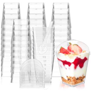 toflen 50 pack 5 oz mini dessert cups with lids and spoons, square clear plastic dessert shooters party serving tumbler cups for parfait appetizers & dessert shot glasses (dome)