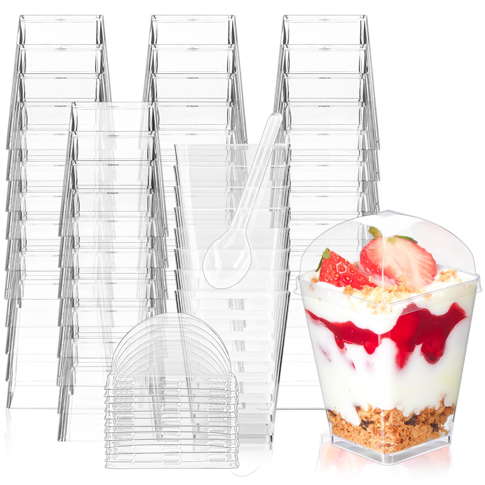 TOFLEN 50 Pack 5 oz Mini Dessert Cups with Lids and Spoons, Square Clear Plastic Dessert Shooters Party Serving Tumbler Cups for Parfait Appetizers & Dessert Shot Glasses (Dome)