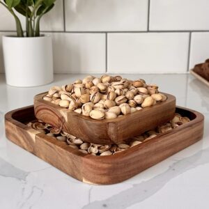 Penko Acacia Pistachio Snack Bowl Double Dish Holder Bowl Pedestal and Sunflower Seed Nut Bowl with Shell Storage