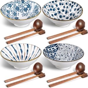 geiserailie ceramic ramen bowl, 40 oz japanese large noodle bowls with spoons, chopsticks and chopsticks stand for udon, soba, pho, noodles, ramen, salad and soup, set of 4 (classic style)