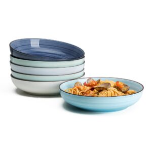 sweese large pasta bowls set - 30 ounce ceramic plates for dishwasher & microwave safe - solid salad bowls plates - deep plates lipped edges, oven safe porcelain plates serving bowls