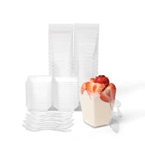 Dessert Cups with Lid and Spoon 50 Pack, Square Clear Plastic Cup, Reusable Parfait Cups, Tasting Bowls for Birthdays, Wedding, Parties, 6 oz