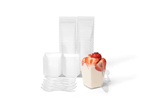 Dessert Cups with Lid and Spoon 50 Pack, Square Clear Plastic Cup, Reusable Parfait Cups, Tasting Bowls for Birthdays, Wedding, Parties, 6 oz