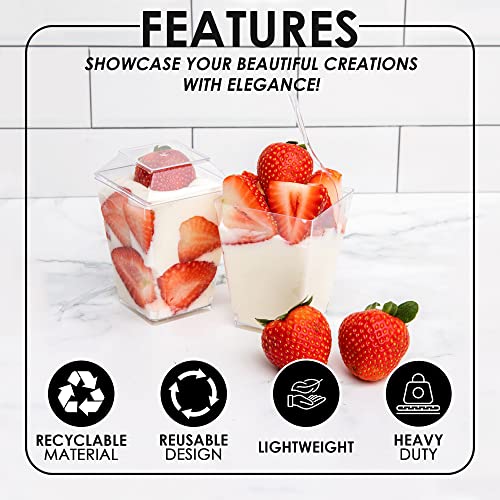 Dessert Cups with Lid and Spoon 50 Pack, Square Clear Plastic Cup, Reusable Parfait Cups, Tasting Bowls for Birthdays, Wedding, Parties, 6 oz