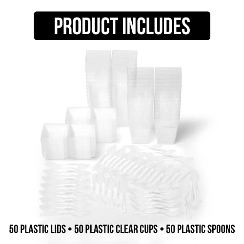 Dessert Cups with Lid and Spoon 50 Pack, Square Clear Plastic Cup, Reusable Parfait Cups, Tasting Bowls for Birthdays, Wedding, Parties, 6 oz