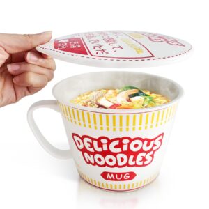 sophie & panda porcelain instant noodle bowl mug with handle 34 oz - a must-have accessory for anyone who loves asian noodles - one novelty 5.5” x 4.5” ramen bowl with lid (red)