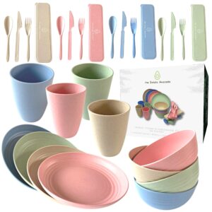 unbreakable wheat straw dinnerware sets (28pcs) - the simply avocado dishes set for 4 - kids dinnerware set - camping plates cups and bowls set - lightweight wheat straw plate and bowl set