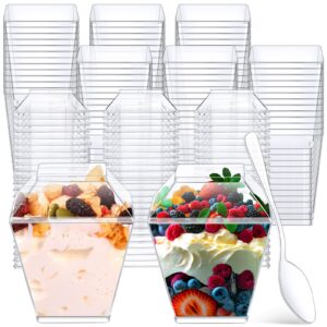 600 pcs 3.4 oz plastic dessert cups parfait cups with lids and spoons mini appetizer cups clear square disposable cups dessert for pudding fruit ice cream wedding baby shower birthday decorations