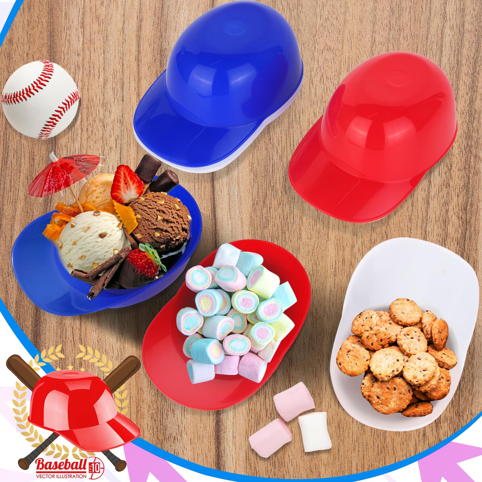 Tendiren 18PCS Mini Baseball Helmet Ice Cream Snack Bowl, 8 oz Helmets Plastic Baseball Cups, Kids Helmet Bowls, Mini Dessert Spoons Plastic Ice Cream Spoon for Birthday Party Supplies